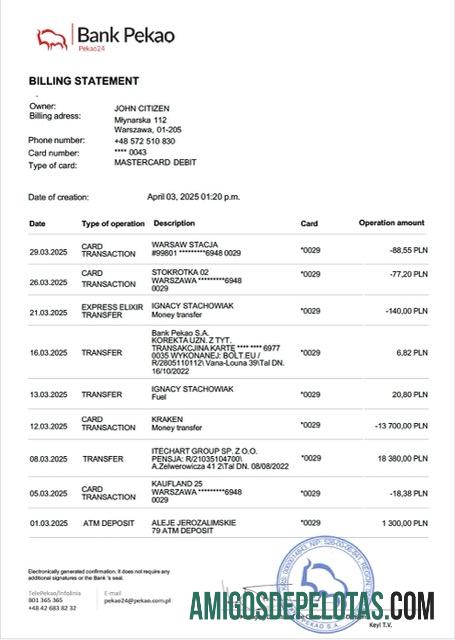Modelo realista de extrato de conta do Poland Bank Pekao em Word e PDF